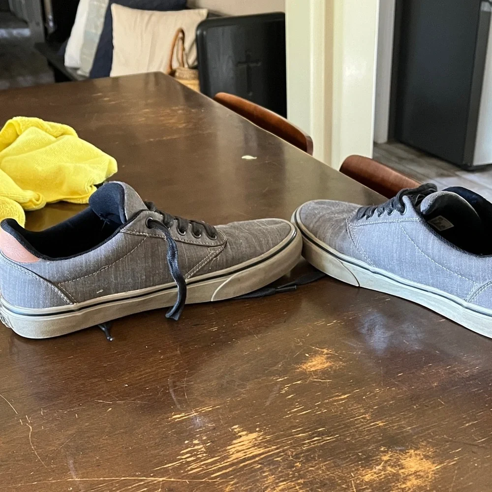 Vans Gray Canvas Low-Top Sneakers with Black Laces and Tan Heel Patch
